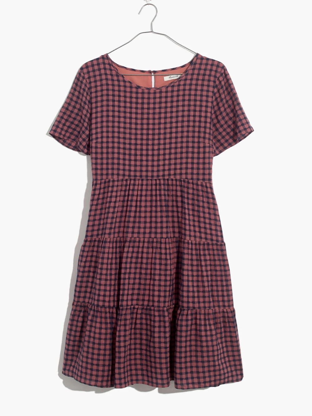 Madewell Short Sleeve Tiered Mini Dress Pink Navy Gingham Check, Like New, XS - Picture 16 of 16